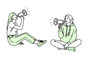 Youthful Women Expressing Joy and Communication with Megaphone on White Background – Lifestyle & Empowerment Concept 