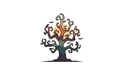 Gnarled Spooky Tree with Twisted Branches, Gradient Colors, and Flying Bats.