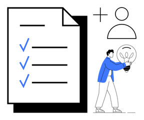 Checklist with blue checkmarks next to a person holding a glowing lightbulb, plus sign, and user icon. Ideal for teamwork, idea generation, planning, productivity, task management, innovation simple