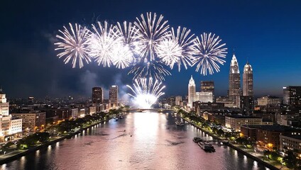 Fireworks over Cityscape: Spectacular fireworks explode in the night sky above a modern cityscape, illuminating the buildings and the river below, evoking a sense of celebration and wonder. - Powered by Adobe