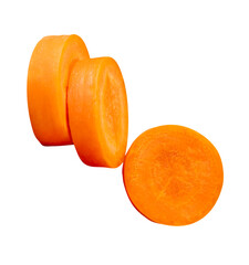 Front view of orange carrot slices in stack isolated with clipping path in png file format