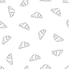 Seamless minimalist vector pattern with croissants for packaging, textile design, wallpapers, cafe menus and kitchen decor, hand-drawn, minimal, vintage style