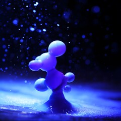 submicroscopic. A single, complex, glowing molecule emerges from a dark, primordial aqueous solution, symbolizing the spark of life. STEM education sheets.