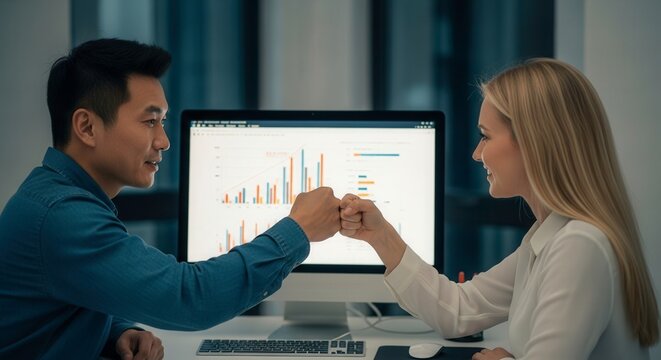 Two colleagues, a man and a woman, give each other a fist bump while looking at a computer screen displaying a financial graph in a modern office setting