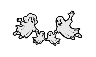 Happy Ghost Family - Cartoon Illustration of Two Adult Ghosts and Two Child Ghosts Holding Hands and Floating Joyfully.
