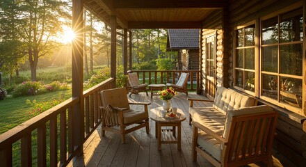 Fototapeta premium Serene Log Cabin Porch at Sunset: Rustic Charm, Golden Light, and Relaxing Atmosphere