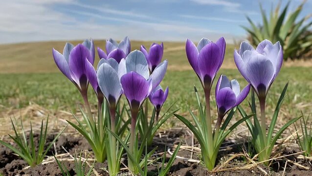 Early blooming flowers of the crocus genus emerging during the initial phase of the spring season