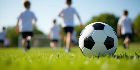 Close-up of a black and white soccer ball placed on a green grass field. In the background, there are many children running and playing soccer. The blurred movement of the children is seen