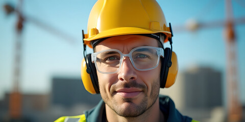 Close-up of a construction worker wearing a yellow safety helmet, safety glasses and earmuffs.