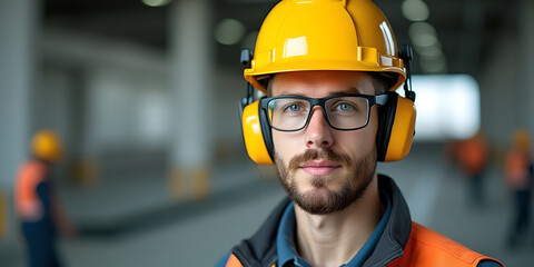 Close-up of a construction worker wearing a yellow safety helmet, safety glasses and earmuffs.