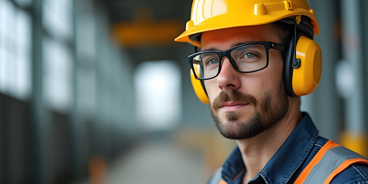 Close-up of a construction worker wearing a yellow safety helmet, safety glasses and earmuffs.