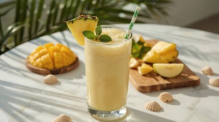 A tall glass of tropical smoothie of banana, pineapple, fresh mango, banana slices, and pineapple wedges on a wooden cutting board with palm leaves.