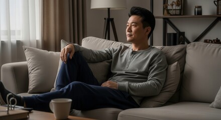 A middleaged asian man relaxes on a sofa in a living room, with his legs stretched out, looking thoughtfully out a window, holding a cup