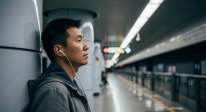 An introspective asian man wearing earbuds stands on a brightly lit subway platform, lost in thought while waiting for his train