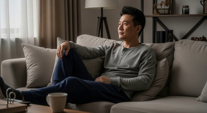 A middleaged asian man relaxes on a sofa in a living room, with his legs stretched out, looking thoughtfully out a window, holding a cup