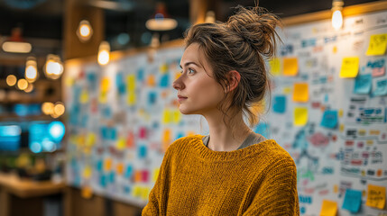 Business strategy room with whiteboard covered in flowcharts and sticky notes