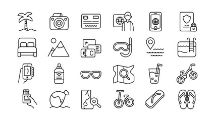Travel and Vacation Icons Set of Line Art Illustrations. Vibrant summer vacation and travel destinations illustration