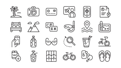 Travel and Vacation Icons Set of Line Art Illustrations. Vibrant summer vacation and travel destinations illustration