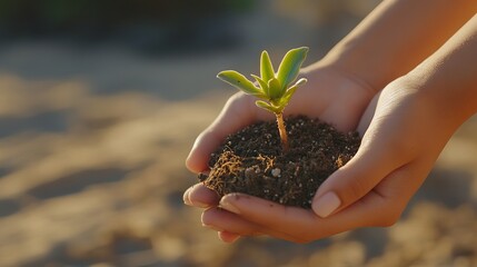 Hands Holding Small Plant in Soil, Growth and Sustainability Concept