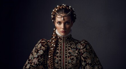 A regal woman with an elaborate braided hairstyle adorned with pearls and a jeweled headband wears a richly embroidered historical gown