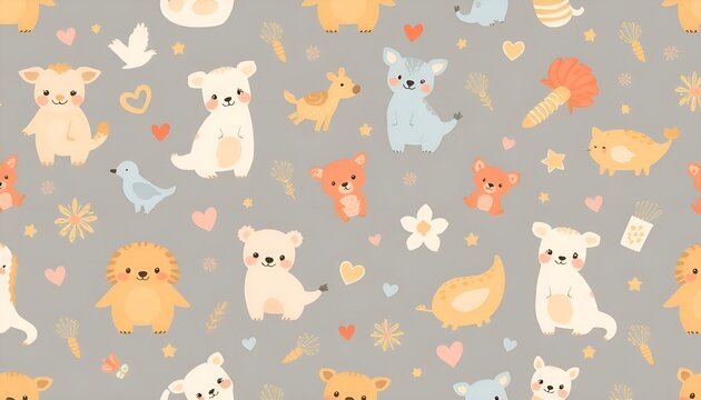 Cute Kids Seamless Pattern with Animals and Hearts, background with cartoon animals, hearts, flowers and stars on gray backdrop. Perfect for kids products, textiles and wallpapers.
