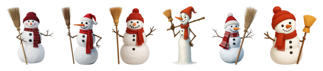Snowman set including various red hats, scarves, and expressions isolated. Winter holiday and Christmas character collection.