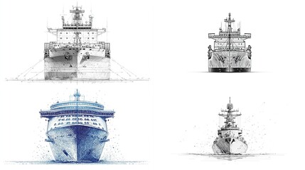 Front views of diverse ships cruise, military, cargo, sketched, rendered with ink/watercolor