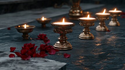 Golden candle holders with flickering flames, scattered rose petals on a dark stone surface