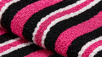 A towel with black and white stripes and pink and white stripes