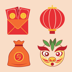 Red envelopes lantern money bag and mask gold coins