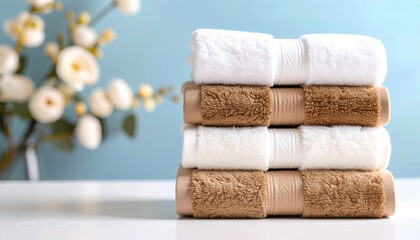 Neat Stack of White and Brown Towels on White Surface