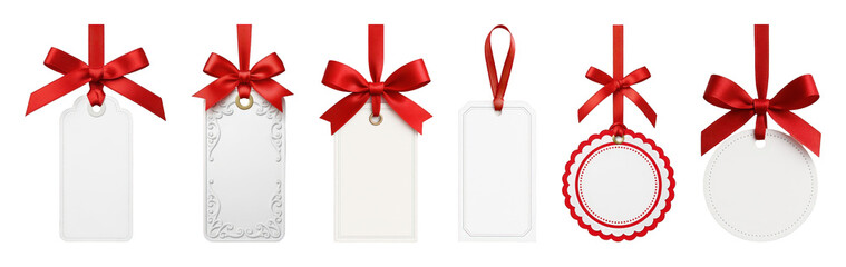 Gift tag set including various shapes with red ribbons and bows isolated. Festive occasions and retail applications.