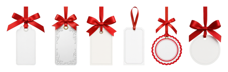 Gift tag set including various shapes with red ribbons and bows isolated. Festive occasions and retail applications.