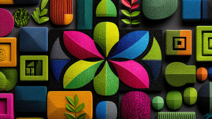 A colorful collage of shapes and patterns, including a flower, is displayed on a black background. Concept of creativity and playfulness, as the various shapes