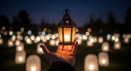 Hand holding a lantern with candle light in the dark night outdoors