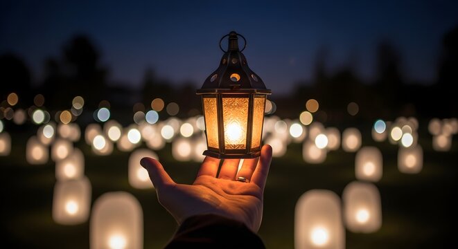 Hand holding a lantern with candle light in the dark night outdoors
