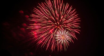 Vibrant Fireworks Display: Red and Gold Bursting Against Black Night Sky