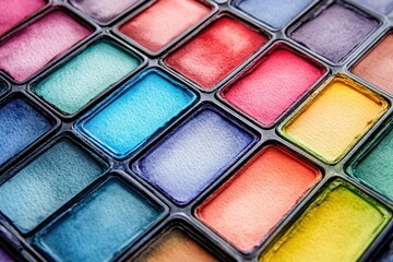 Fototapeta premium Macro shot of a colorful eye shadow palette, black frames around each color. Use it to visualize beauty, cosmetic, make-up, or fashion-related content.