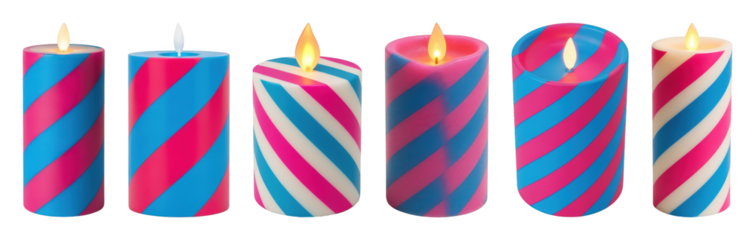Colorful striped LED candle set including various pillar shapes and diagonal patterns isolated. Party and celebration decor elements.