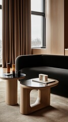 Modern minimalist living room with warm tones  Two wooden coffee tables, a dark couch, and large windows