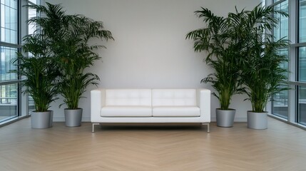 Modern waiting area with white sofa and large plants  Spacious, bright room with large windows, featuring a clean, minimalist aesthetic