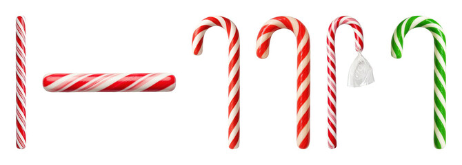 Obraz premium Candy cane set including classic curved, straight, and green striped variants isolated. Christmas holiday and festive treat collection.