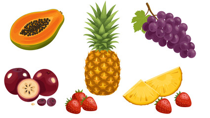 Vibrant Fresh Fruit Collection Illustration: Papaya, Pineapple, Grapes, Strawberries, and Exotic Berries Set