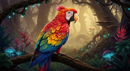 Vibrant Parrot Perched in Enchanted Forest with Glowing Flora