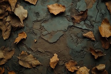 Dry autumn leaves lay on cracked, weathered earth. It is perfect for fall-themed designs and backgrounds.