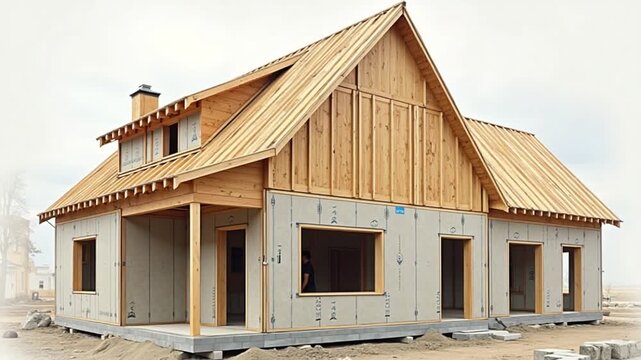 Construction of a Modern House With Wooden Roof Framework in Progress