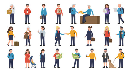 Various people depicted in different poses and carrying various items.