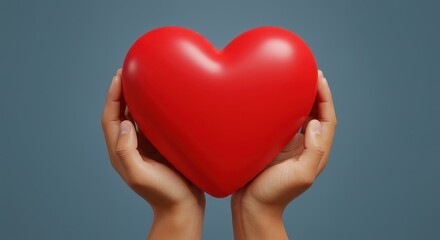 Obraz premium Heartfelt Embrace: A pair of hands gently cradles a vibrant red heart, symbolizing love, compassion, and care, a powerful visual representing feelings and emotions.