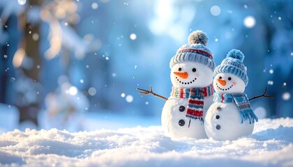 Charming winter scene featuring two snowmen adorned with knitted hats and scarves, set in a snowy landscape