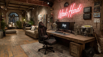 Stylish startup workspace with exposed brick wall, neon “Work Hard” sign, creative vibe